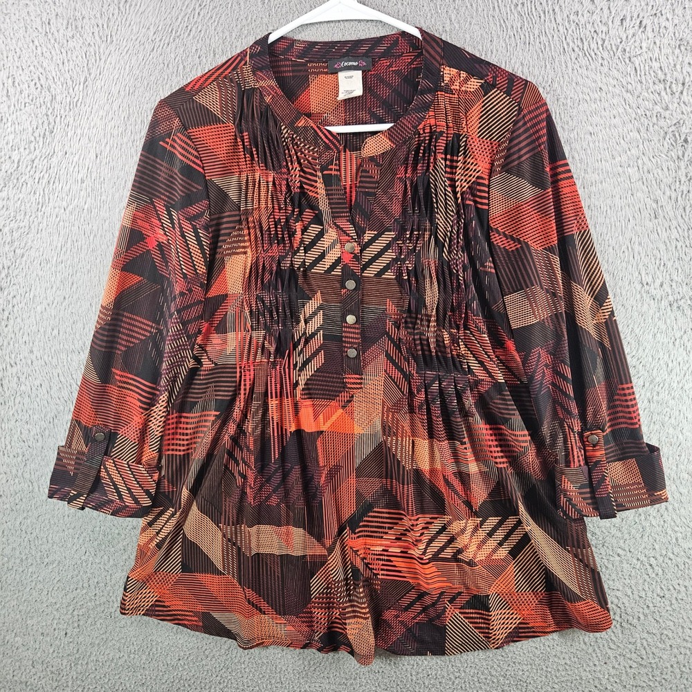 Cocomo Womens‎ Small Orange Black Geometric Abstract Pintuck Henley Blouse Top
